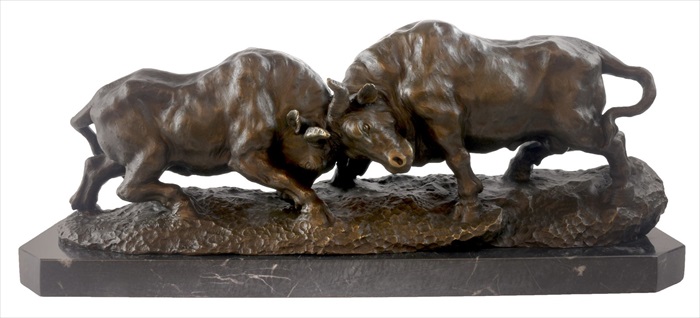 Fighting Bulls Bronze Sculpture On Marble Base